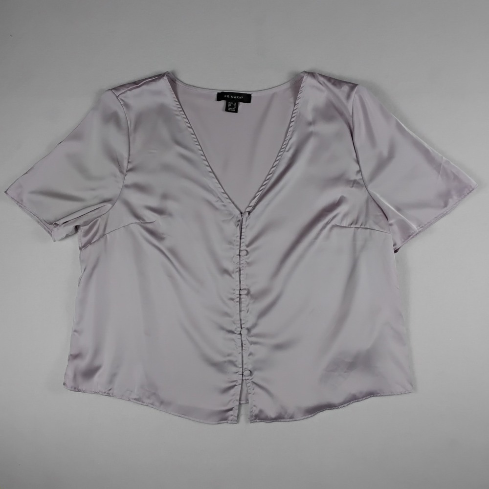 Primark Womens Satin V-Neck Blouse Short Sleeve Button Front Top Silver Lilac 12